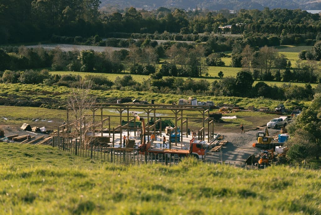Building site of a high end timber frame barn home in Mangawhai - Heritage Timbercraft