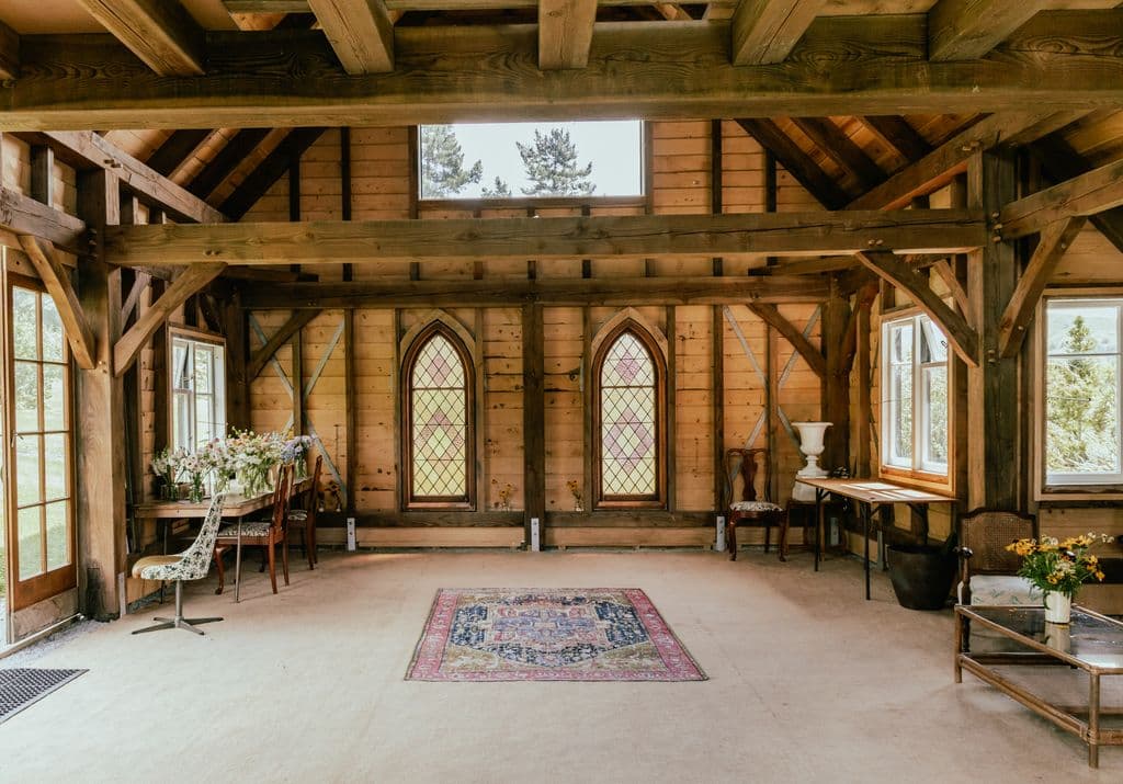 High-end timber event venue interior suited for weddings, parties, and creative workshops
