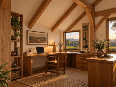 Sustainable timber frame barn home with large downstairs studio space for art, hobbies, work and recreation and upstairs office by Heritage Timbercraft