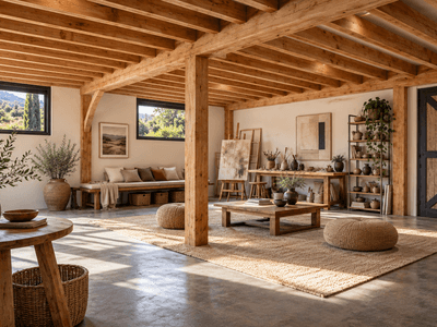 Downstairs artist studio in a versatile timber frame barn home designed for creative and multi-purpose use
