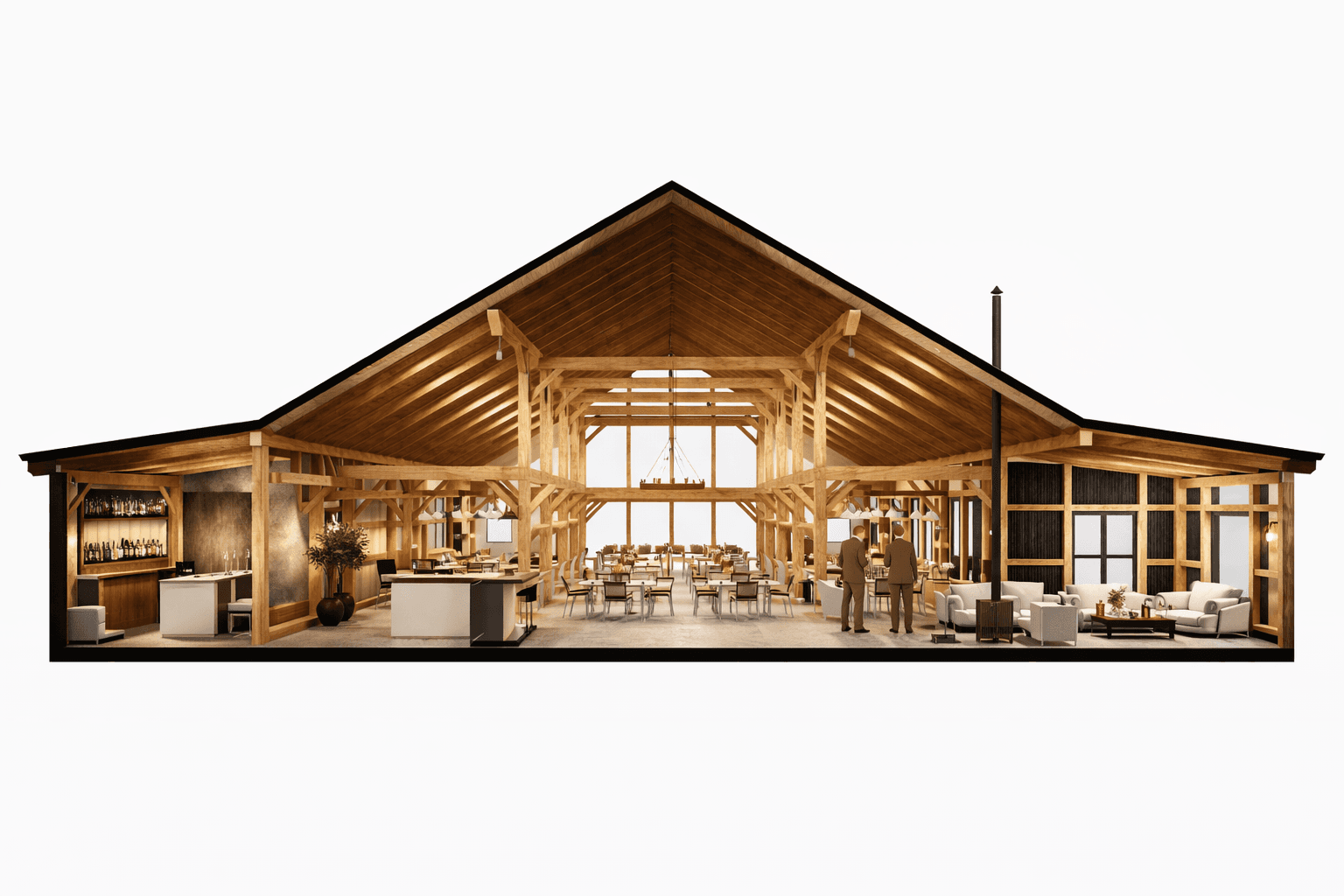 Modern barn venue design with exposed timber beams
