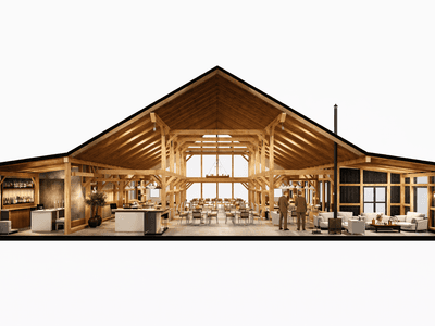 Modern barn venue design with exposed timber beams
