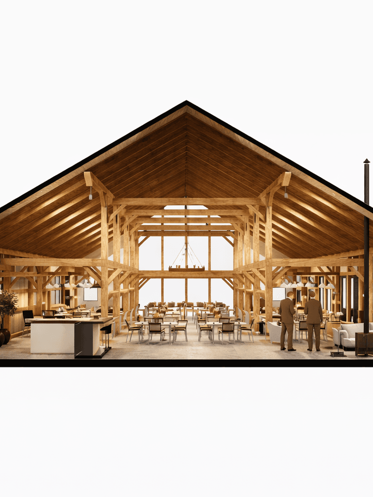 Modern barn venue design with exposed timber beams