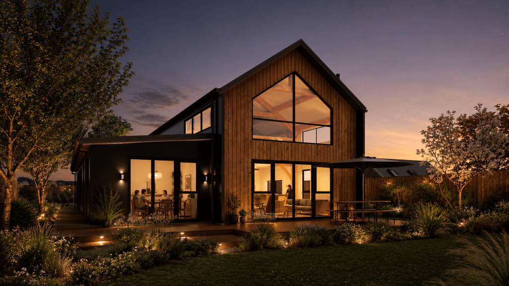 Refined two-storey barn home with energy-efficient SIP panels, open-plan living, and seamless indoor-outdoor flow