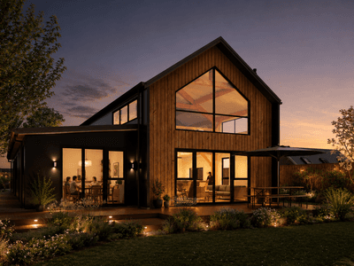 Refined two-storey barn home with energy-efficient SIP panels, open-plan living, and seamless indoor-outdoor flow