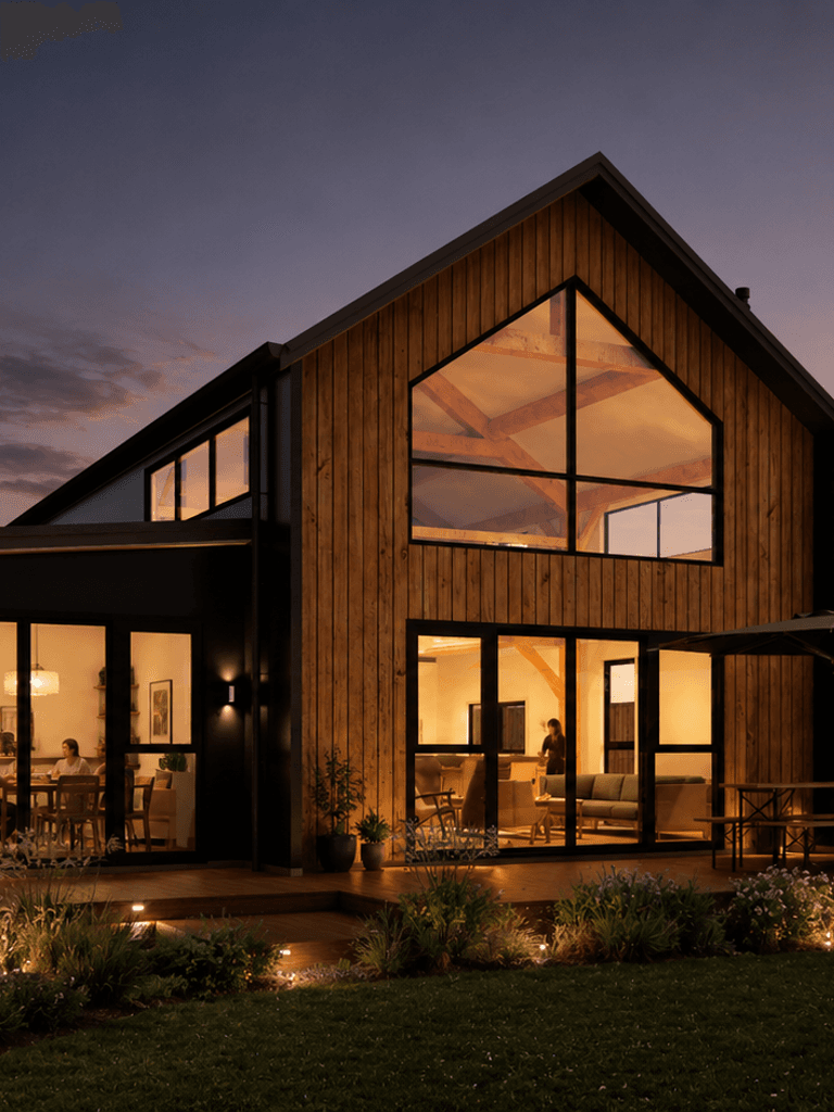 Refined two-storey barn home with energy-efficient SIP panels, open-plan living, and seamless indoor-outdoor flow