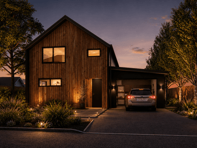 Modern NZ barn-style home featuring SIP timber-frame construction, loft living area, and large outdoor entertaining veranda