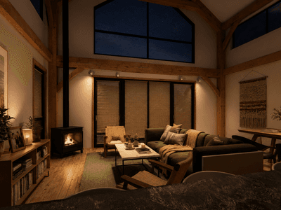 Interior view of a 265m² two-storey SIP timber-frame barn home in New Zealand with spacious family living spaces