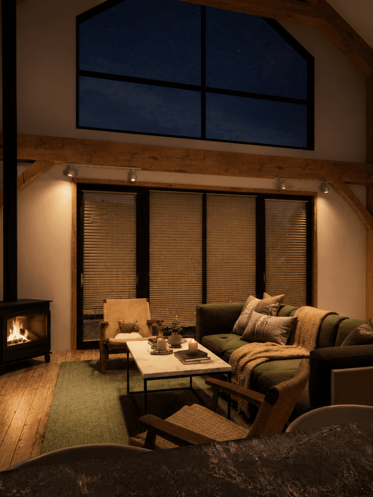 Interior view of a 265m² two-storey SIP timber-frame barn home in New Zealand with spacious family living spaces