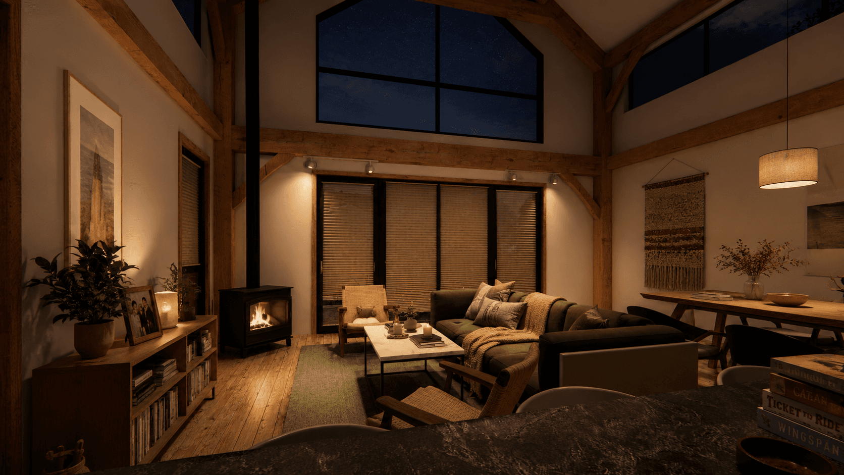 Interior view of a 265m² two-storey SIP timber-frame barn home in New Zealand with spacious family living spaces