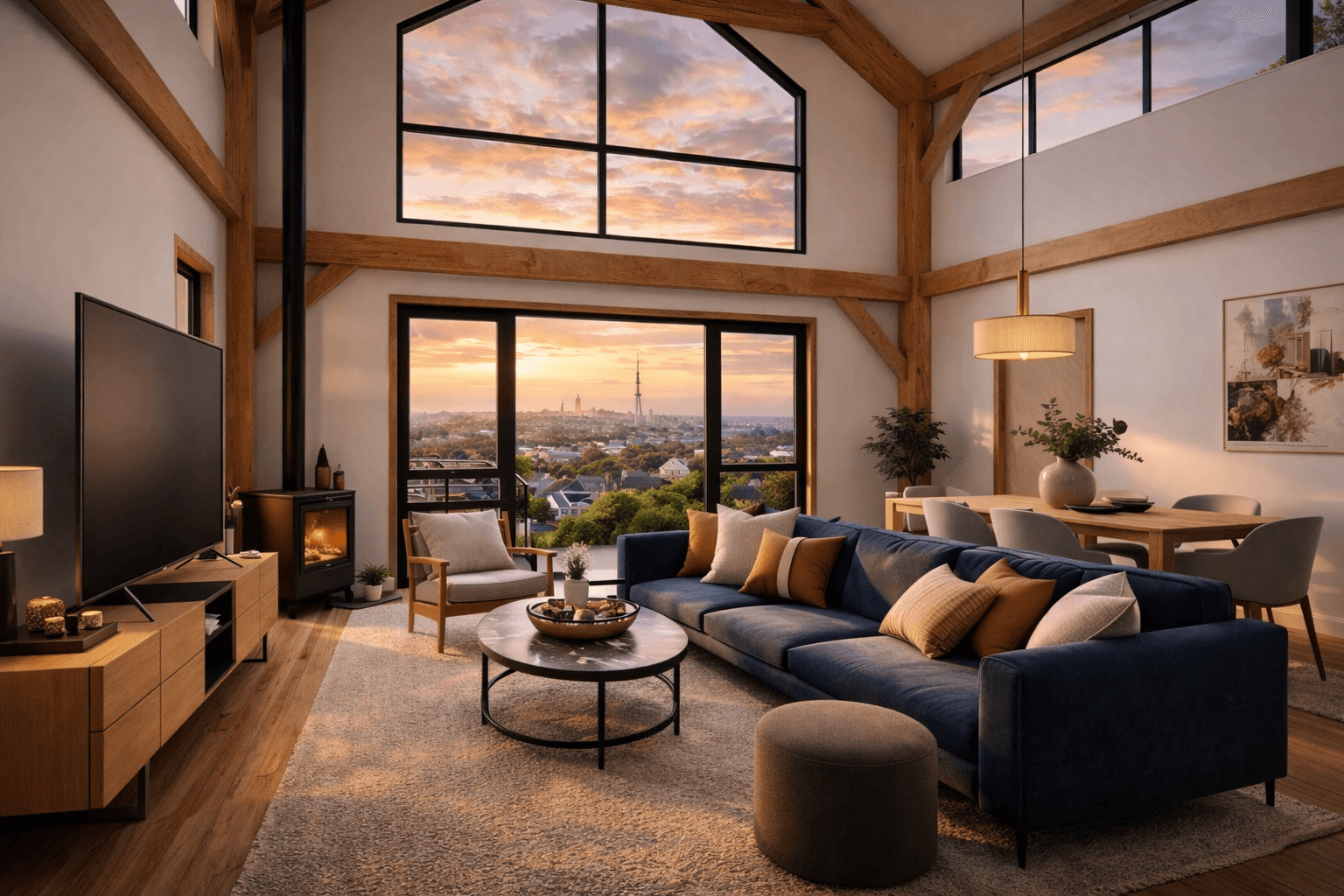 Large barn home interior with timber frame in New Zealand