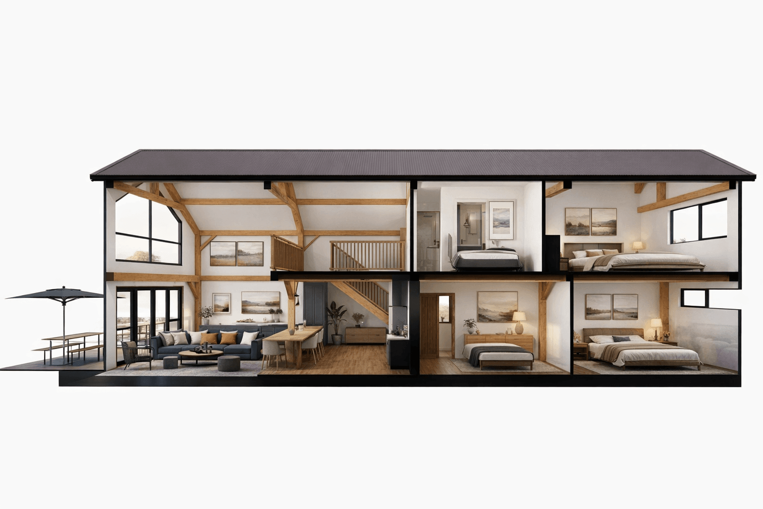 Spacious family barn house with timber beams in NZ