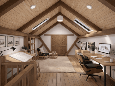 Single level barn house design with upstairs office