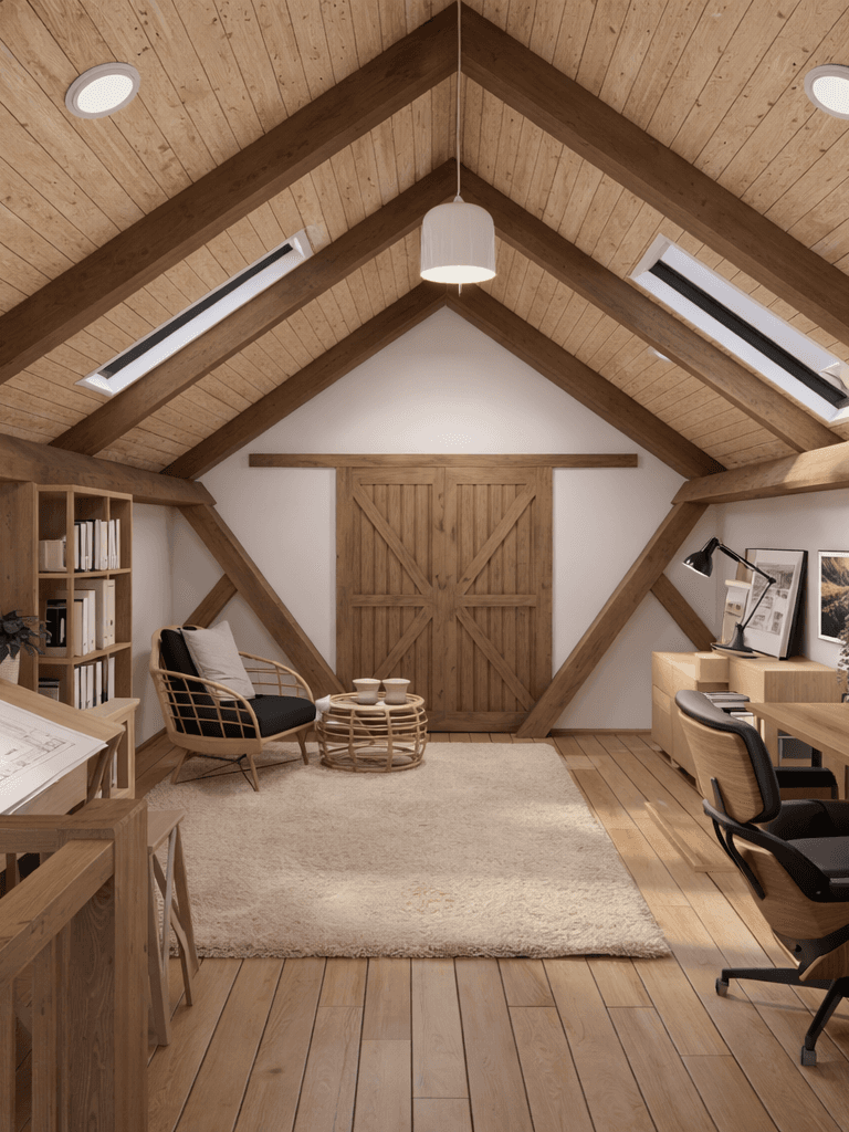 Single level barn house design with upstairs office
