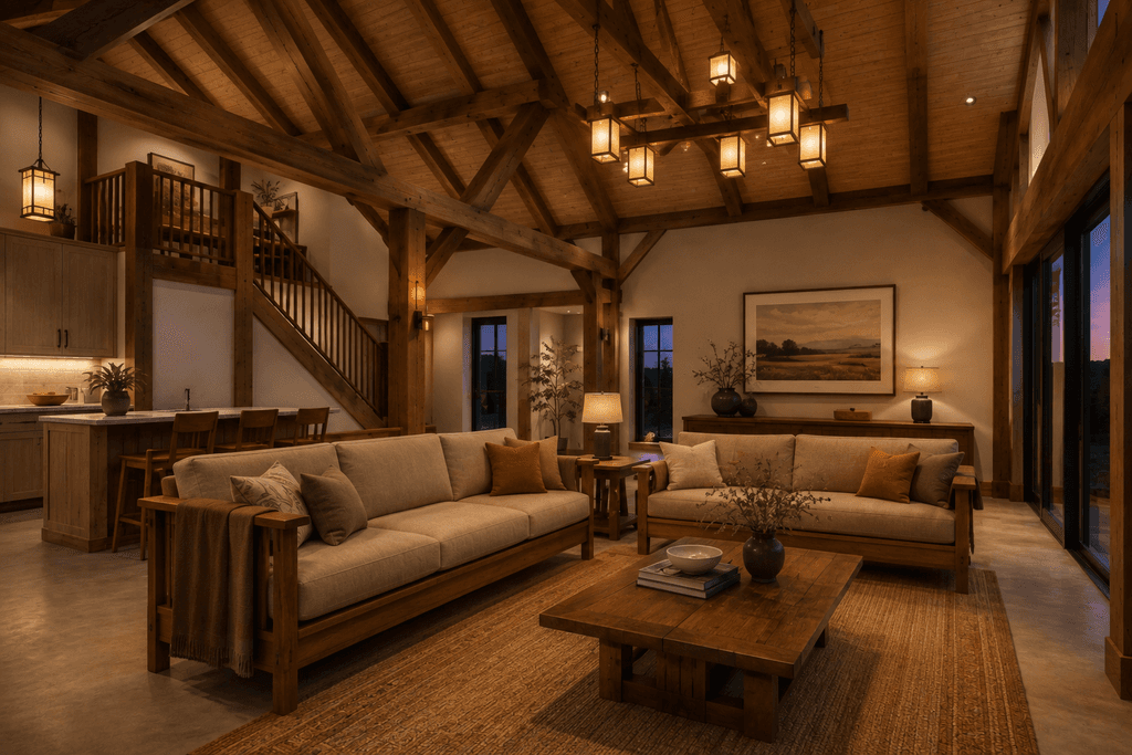 Living room of a two storey timber frame home NZ, ideal for holiday or Airbnb use by Heritage Timbercraft