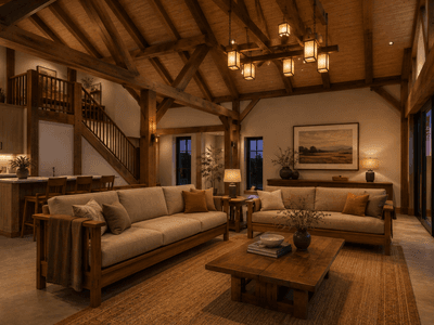 Living room of a two storey timber frame home NZ, ideal for holiday or Airbnb use by Heritage Timbercraft