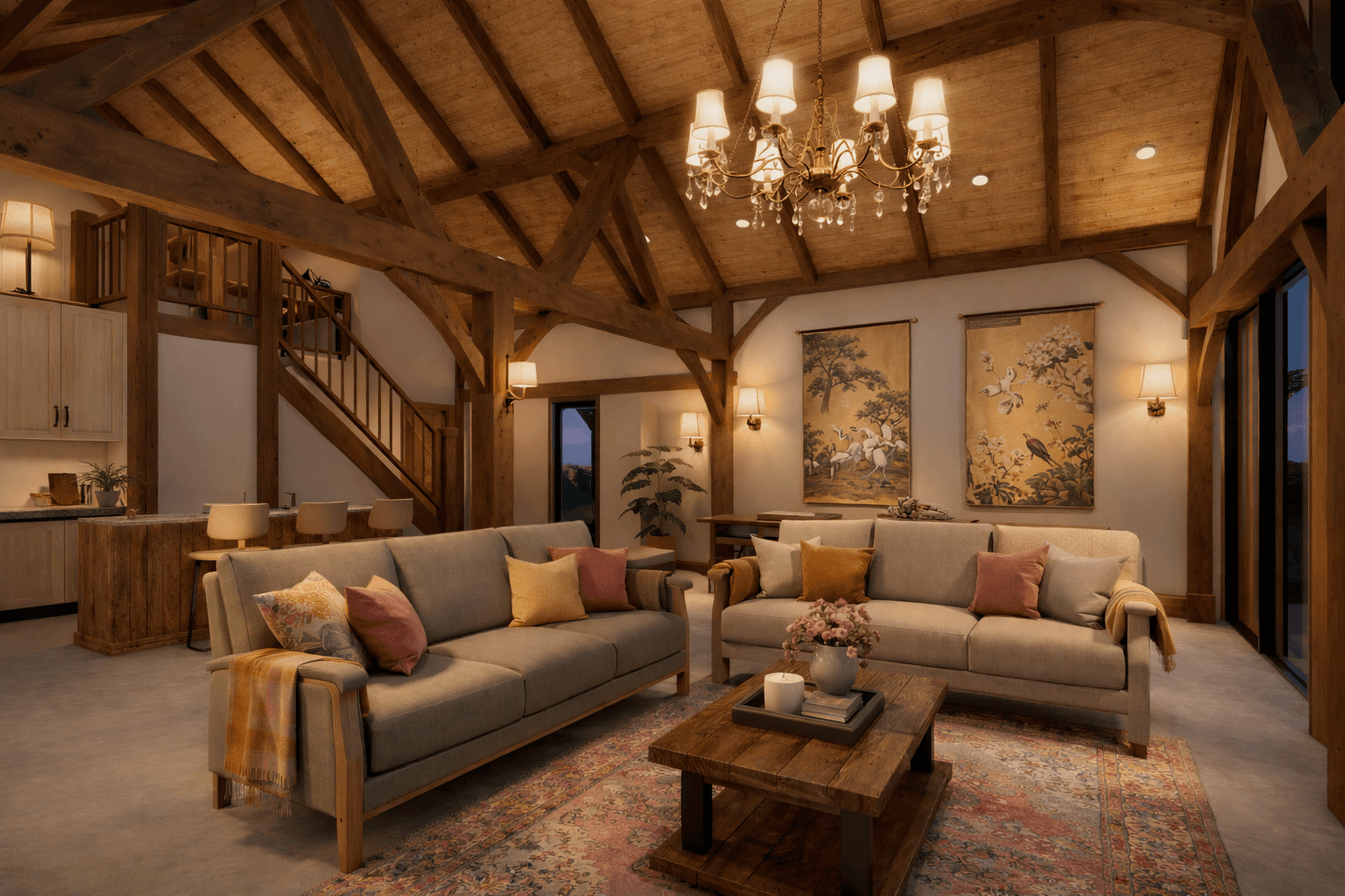 Large timber frame home with veranda and premium exposed trusses