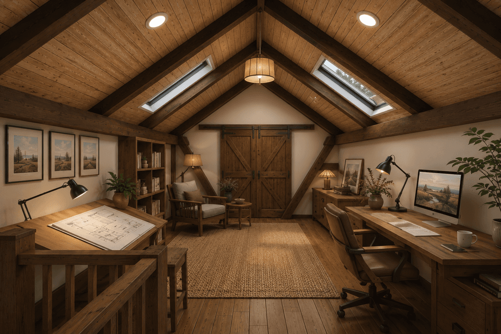 Double level barn house design with upstairs office
