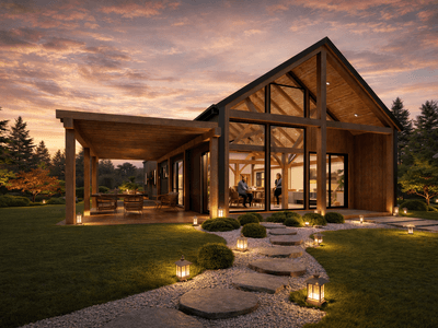 English barn inspired timber home with four bedrooms and office