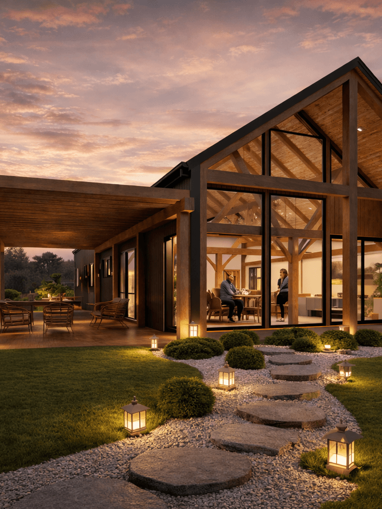 English barn inspired timber home with four bedrooms and office