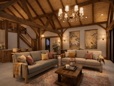 Large timber frame home with veranda and premium exposed trusses