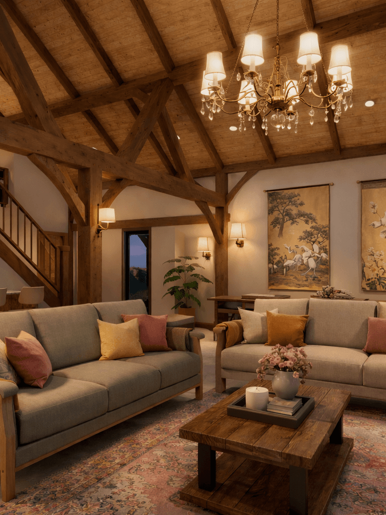 Large timber frame home with veranda and premium exposed trusses