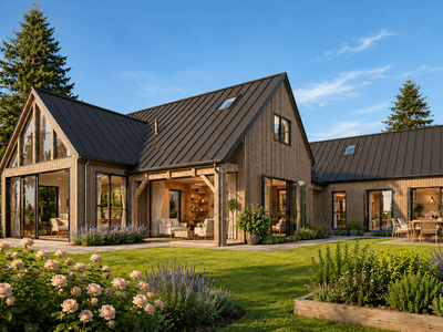 High-end timber frame barn home with traditional mortise and tenon joinery