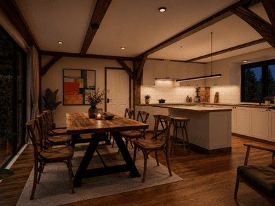 Architectural timber frame home with classic carriage house style - kitchen and dining area