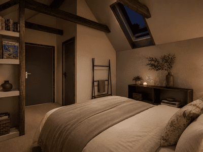 Bespoke timber frame bedroom inspired by historic English coach houses