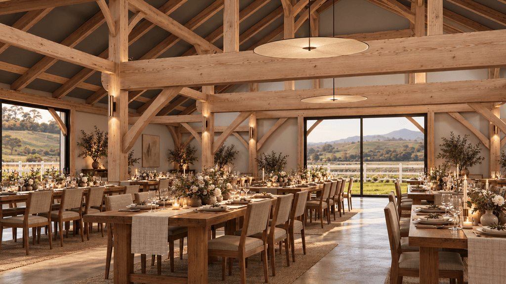 Large Douglas-fir timber frame wedding and events venue barn interior in NZ