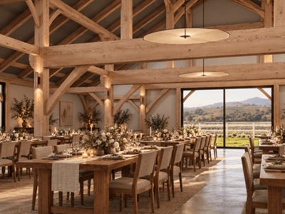 Large Douglas-fir timber frame wedding and events venue barn interior in NZ