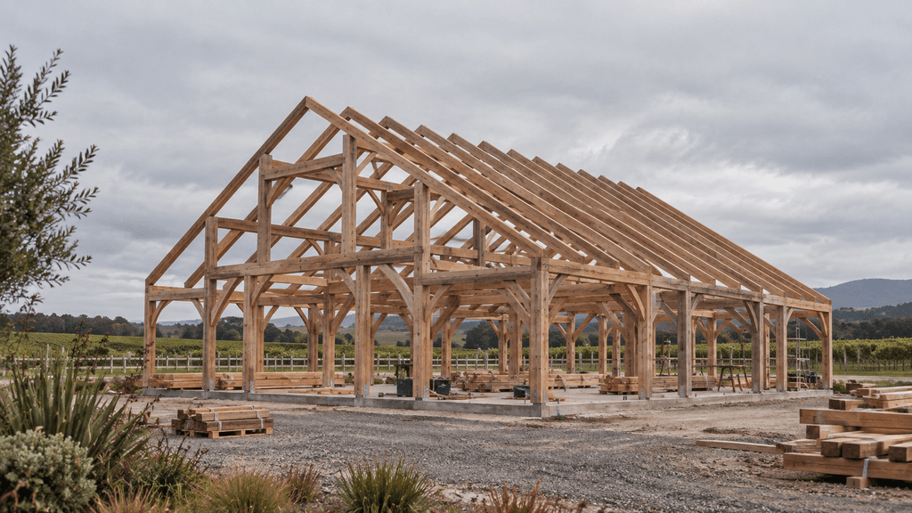 NZ timber frame event venue barn under construction using aged Douglas-fir timber
