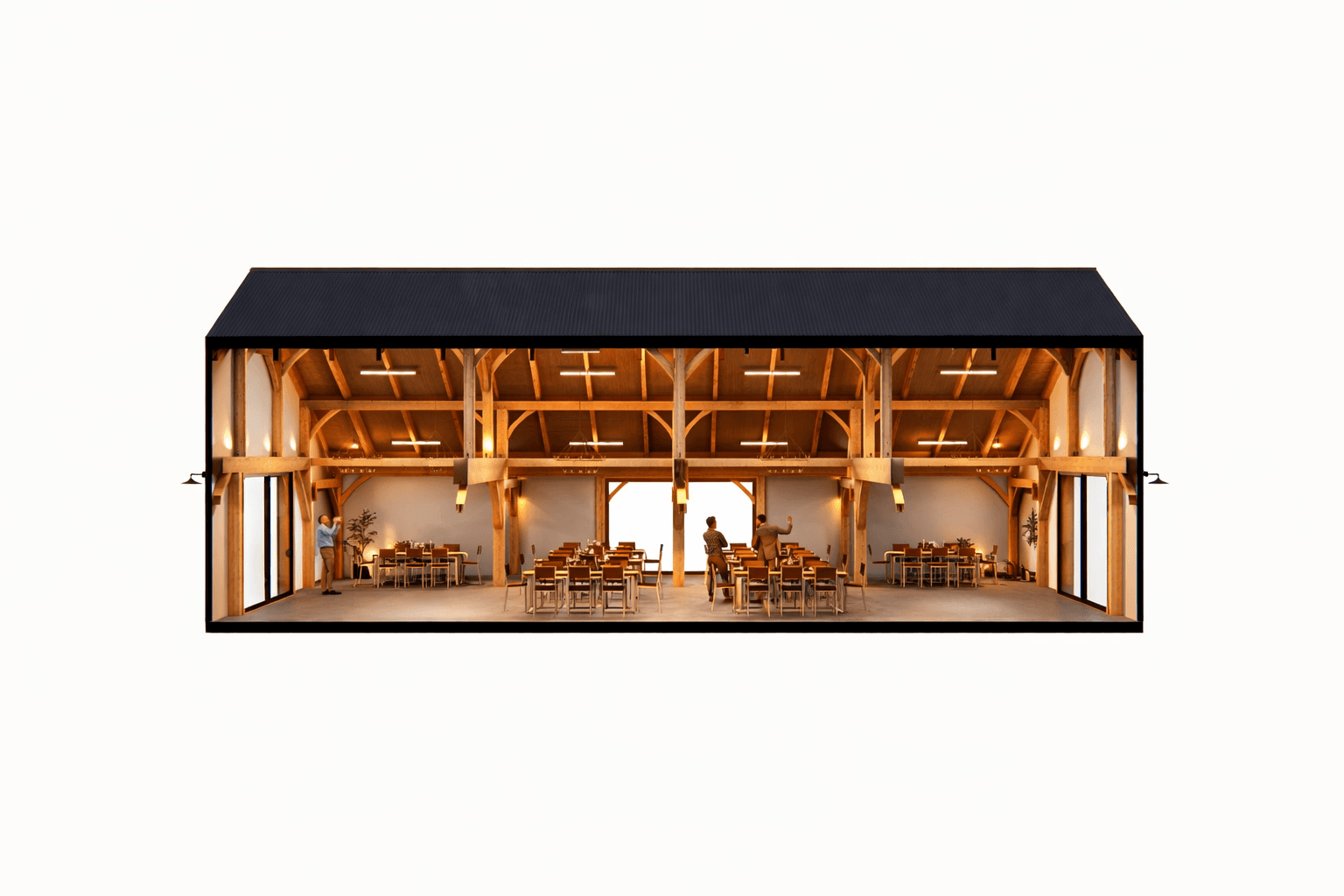 Large open-span timber frame event barn in New Zealand