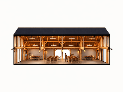 Large open-span timber frame event barn in New Zealand