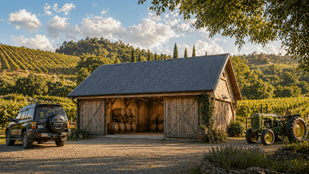 Single Story timber storage barn exterior in vineyard setting