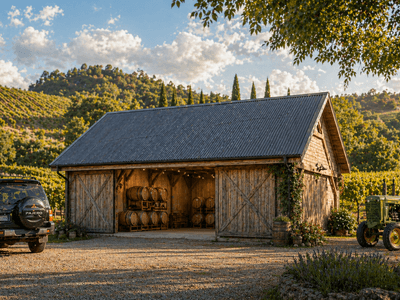 Single Story timber storage barn exterior in vineyard setting