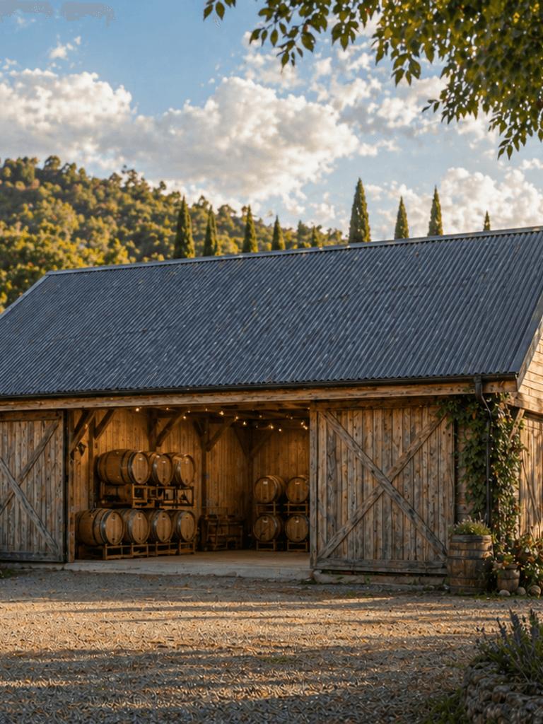 Single Story timber storage barn exterior in vineyard setting