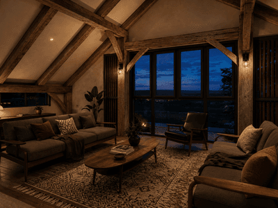 Architectural timber barn frame render showcasing handcrafted wooden beams, open-span interiors and elegant structural detailing, blending modern barn aesthetics with traditional craftsmanship.