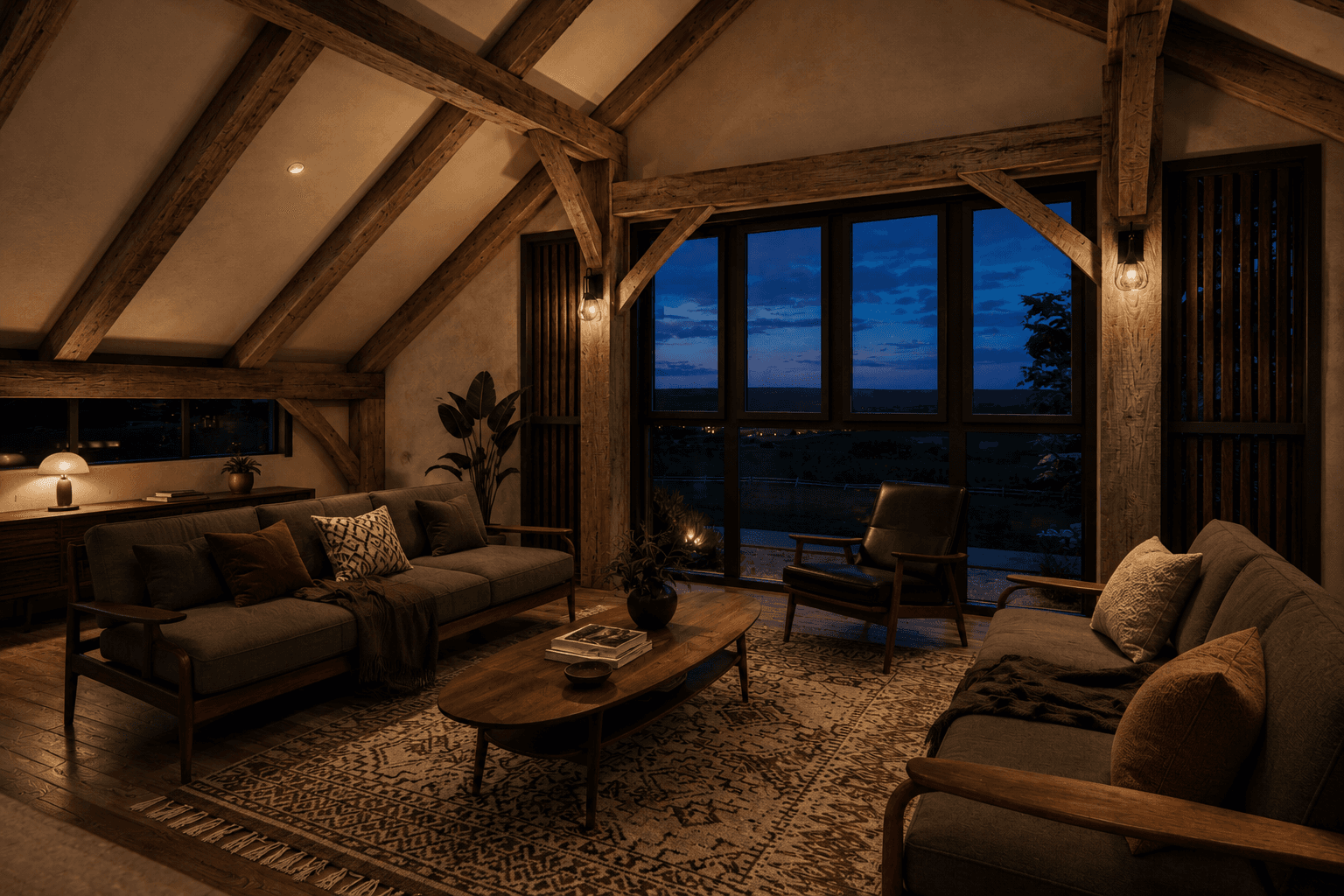 Architectural timber barn frame render showcasing handcrafted wooden beams, open-span interiors and elegant structural detailing, blending modern barn aesthetics with traditional craftsmanship.