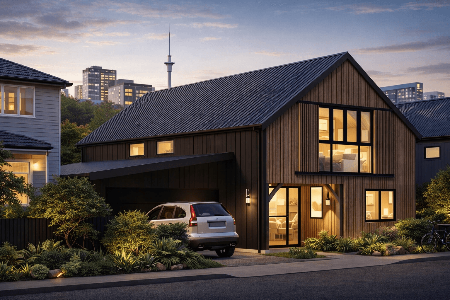 Contemporary barn style townhouse “The Datum” with symmetrical design, large windows, and open-plan interior