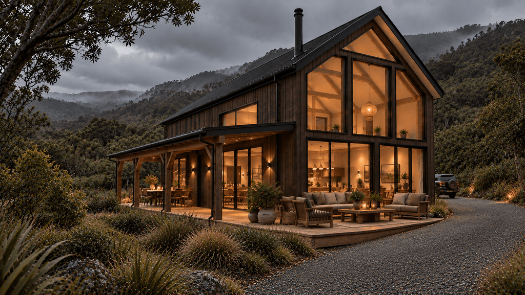Upspec timber barn home surrounded by native New Zealand bush and rolling hills