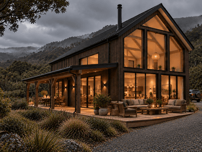 Upspec timber barn home surrounded by native New Zealand bush and rolling hills