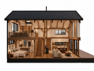 Double-storey timber barn home with dedicated home office loft cross section