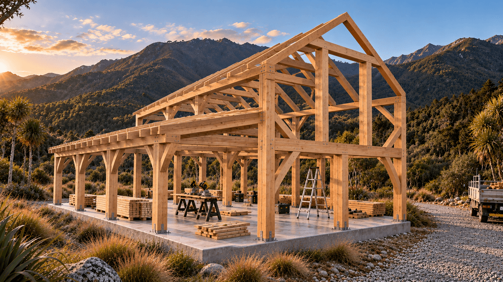 Timber frame barn home under construction on a concrete foundation in a natural New Zealand setting