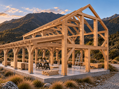 Timber frame barn home under construction on a concrete foundation in a natural New Zealand setting