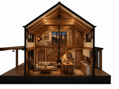 Open-plan New Zealand barn home with mezzanine office and exposed timber cross section