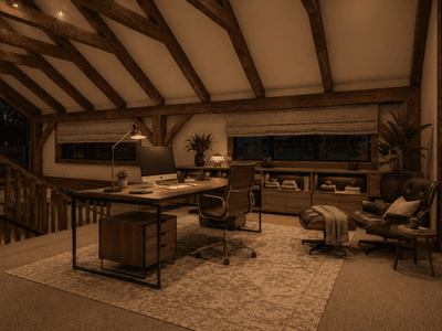 WFH office, rustic modern NZ barn home with work-from-home loft space