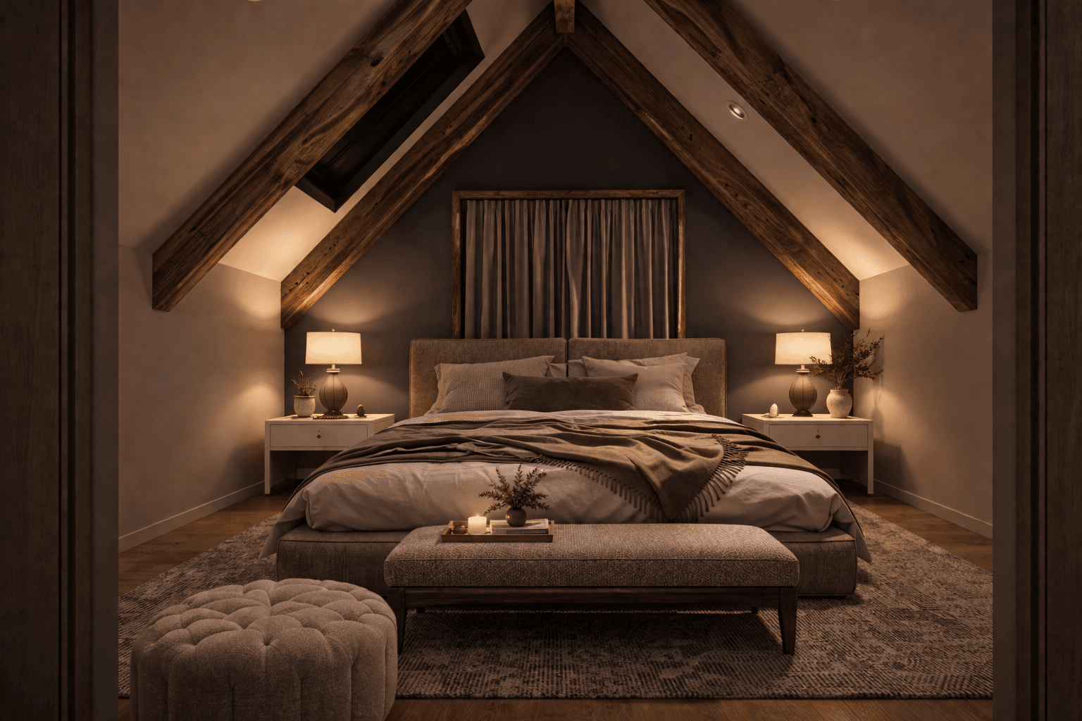 Warm cosy guest wing interior timber beams kitchen living design master bedroom