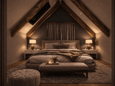 Warm cosy guest wing interior timber beams kitchen living design master bedroom