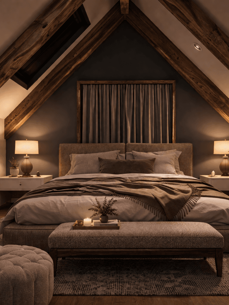 Warm cosy guest wing interior timber beams kitchen living design master bedroom